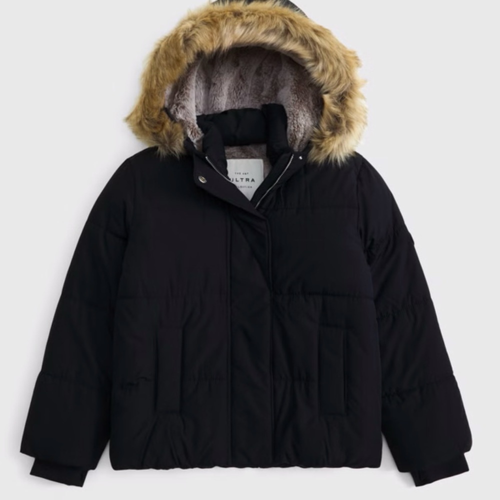 Abercrombie & Fitch Black Puffer with Faux Fur Hood